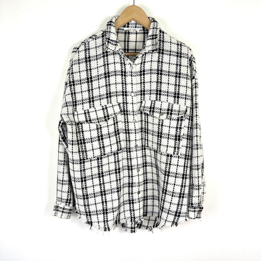 12th Tribe White Black Plaid Tweed Shacket Jacket Snap Button Women's One Size